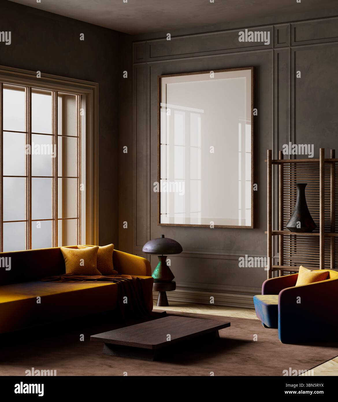 Gli interni sorprendenti combinano mobili vibranti sfumature con pezzi di arredo scultoreo, creando un'armonia unica tra stile retrò e moderno sostico Foto Stock