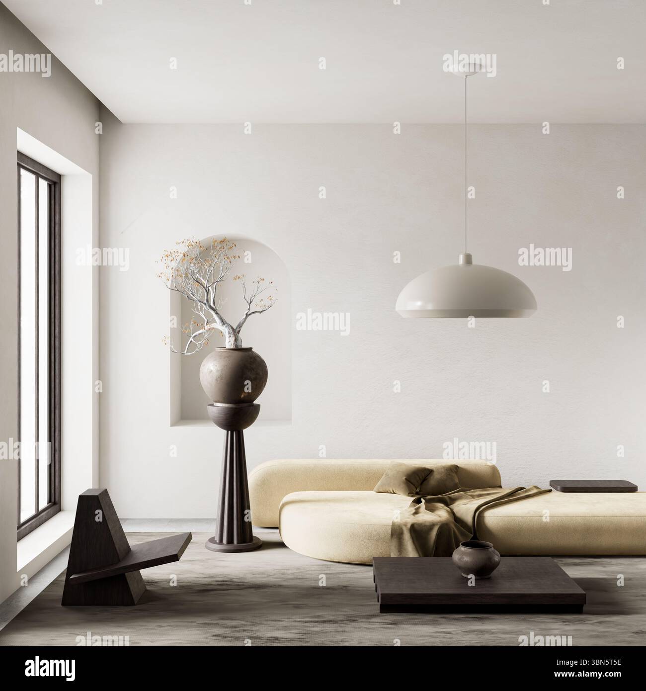 Un moderno soggiorno minimalista caratterizzato da toni neutri, un albero scultoreo di bonsai e mobili di basso profilo per un'estetica serena ed elegante. Illo 3D. Foto Stock