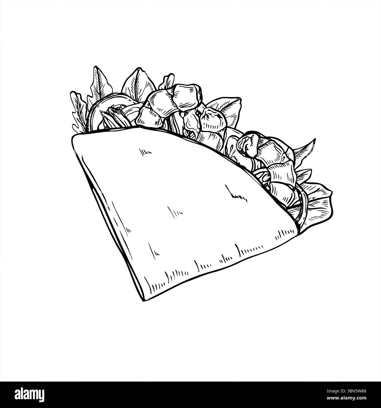 Tortilla ripiena di gamberetti, verdure e foglie di insalata, piegata in quarti in bianco e nero. Street food messicano per il menu Illustrazione Vettoriale