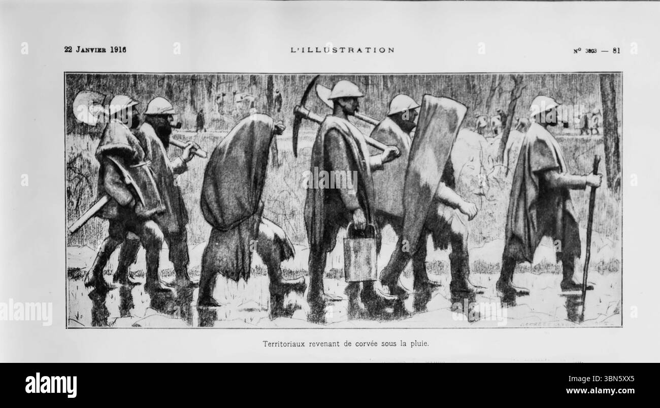 I soldati territoriali francesi tornano dal servizio di stanchezza sotto la pioggia, trasportando attrezzi e rifornimenti. Scena illustrata da l'Illustration, 22 gennaio 1916, raffigurante le dure condizioni e il lavoro subiti dalle truppe di retroguardia durante la prima guerra mondiale. Questi uomini, vecchi riservisti, svolsero un ruolo vitale nel lavoro di supporto vicino alle linee del fronte, spesso in condizioni meteorologiche avverse. Foto Stock