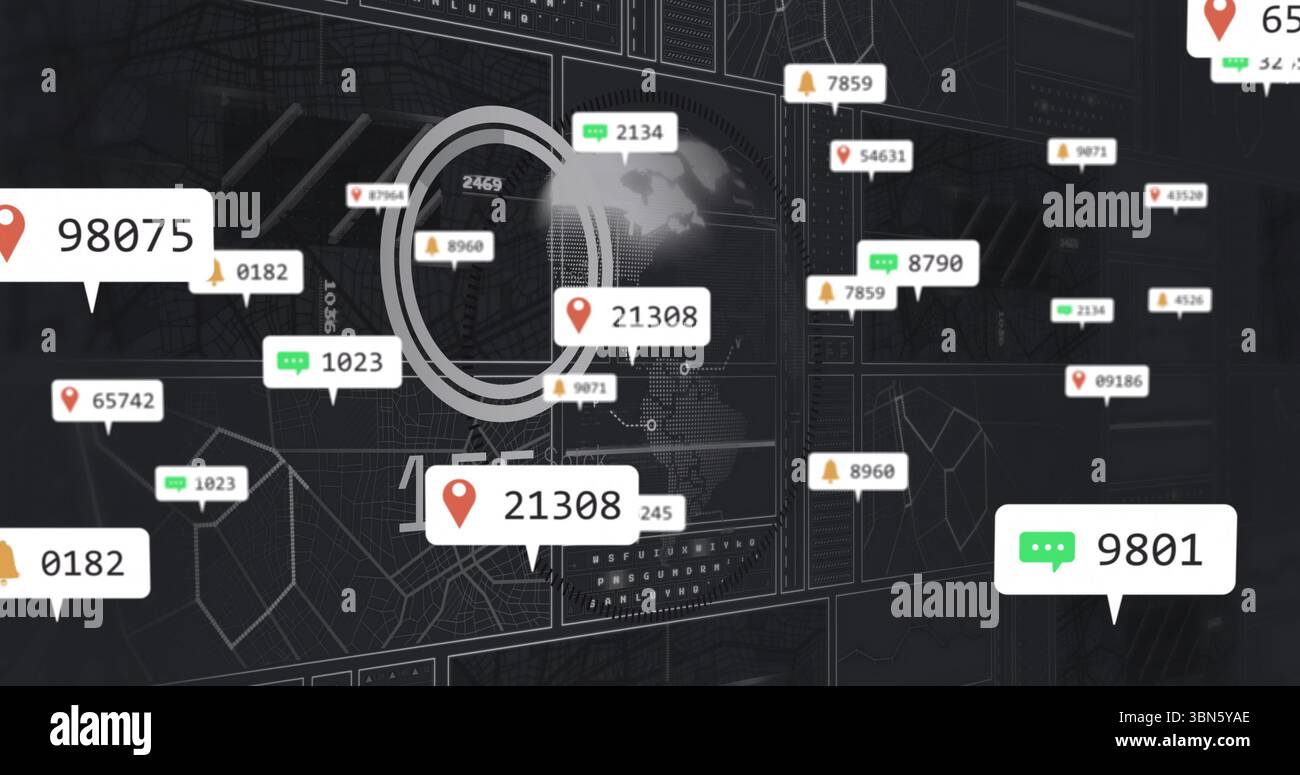 Visualizzazione della bolla centrale che mostra 21308 sul cruscotto digitale, con pop-up dati e icone a forma di pin Foto Stock