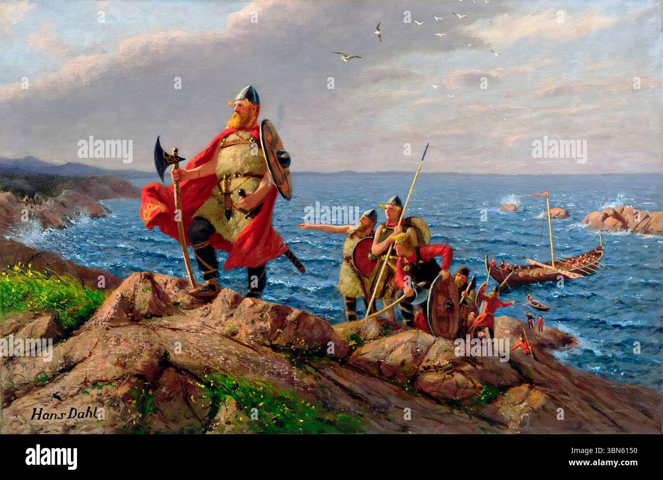 Leif Erikson. Dipinto intitolato 'Leif Erikson scopre l'America' di Hans Dahl (1849-1937). Leif Erikson, noto anche come Leif the Lucky (970 circa – 1018 circa – 1025 circa), è stato un esploratore norreno che si pensa sia stato il primo europeo a mettere piede nell'America continentale, circa mezzo millennio prima di Cristoforo Colombo. Foto Stock