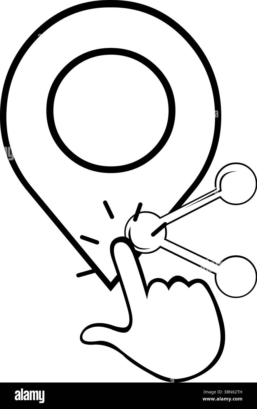 illustrazione vettoriale che raffigura l'icona del concetto in bianco e nero che spinge a mano il telefono cellulare condividi la posizione del sistema di posizionamento globale gps Illustrazione Vettoriale