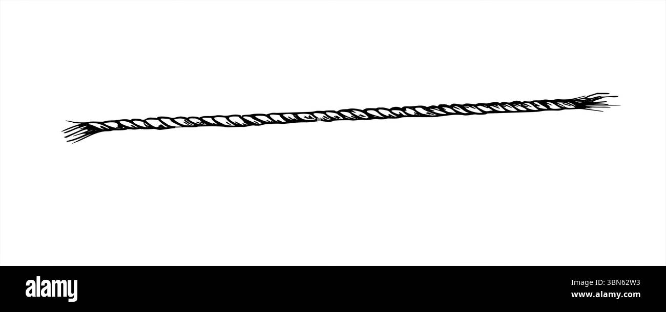 Pezzo monocromatico di corda ritorto diritta con estremità sfilacciate illustrazione vettoriale dipinta con inchiostri neri. Disegno per incisione di corda di canapa per decorazioni nautiche, Illustrazione Vettoriale