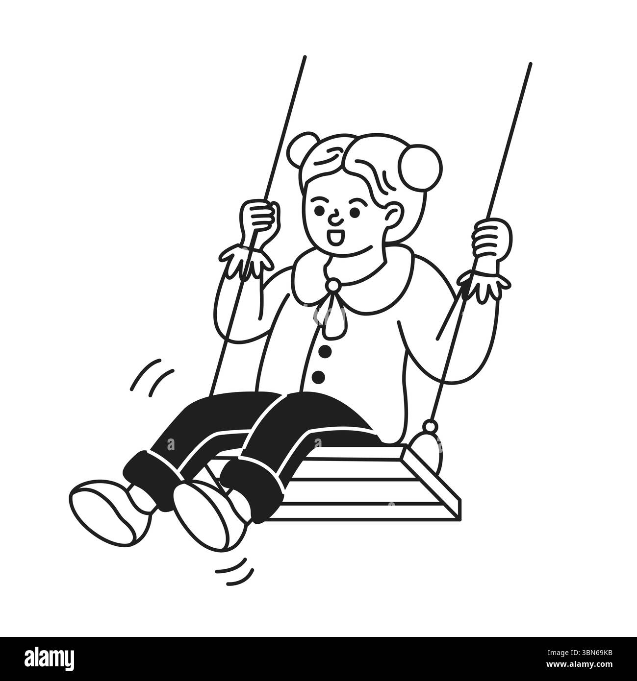 Immagine di un bambino allegro che gioca su un altalena in stile grafico in linea bianco e nero. L'espressione giocosa cattura gioia e movimento in una semplice CA Illustrazione Vettoriale