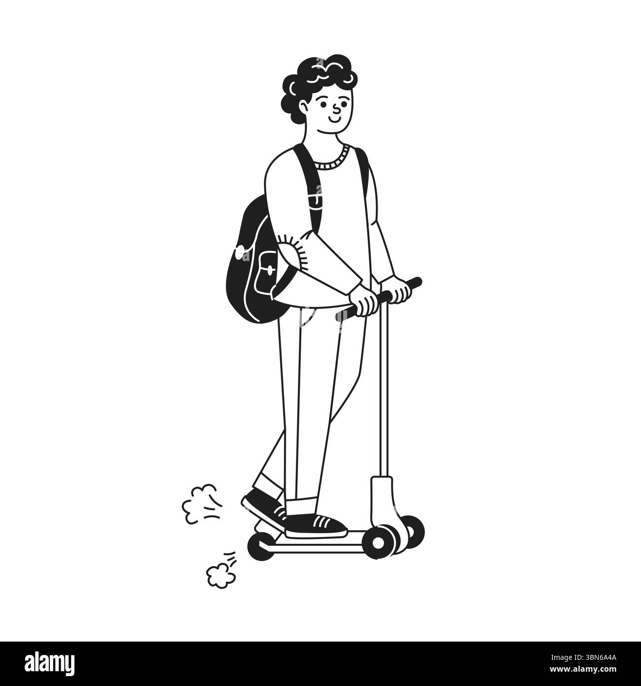 Illustrazione in bianco e nero di un personaggio spensierato in sella a uno scooter. La persona appare gioiosa e rilassata. Design semplice e minimalista con urb Illustrazione Vettoriale