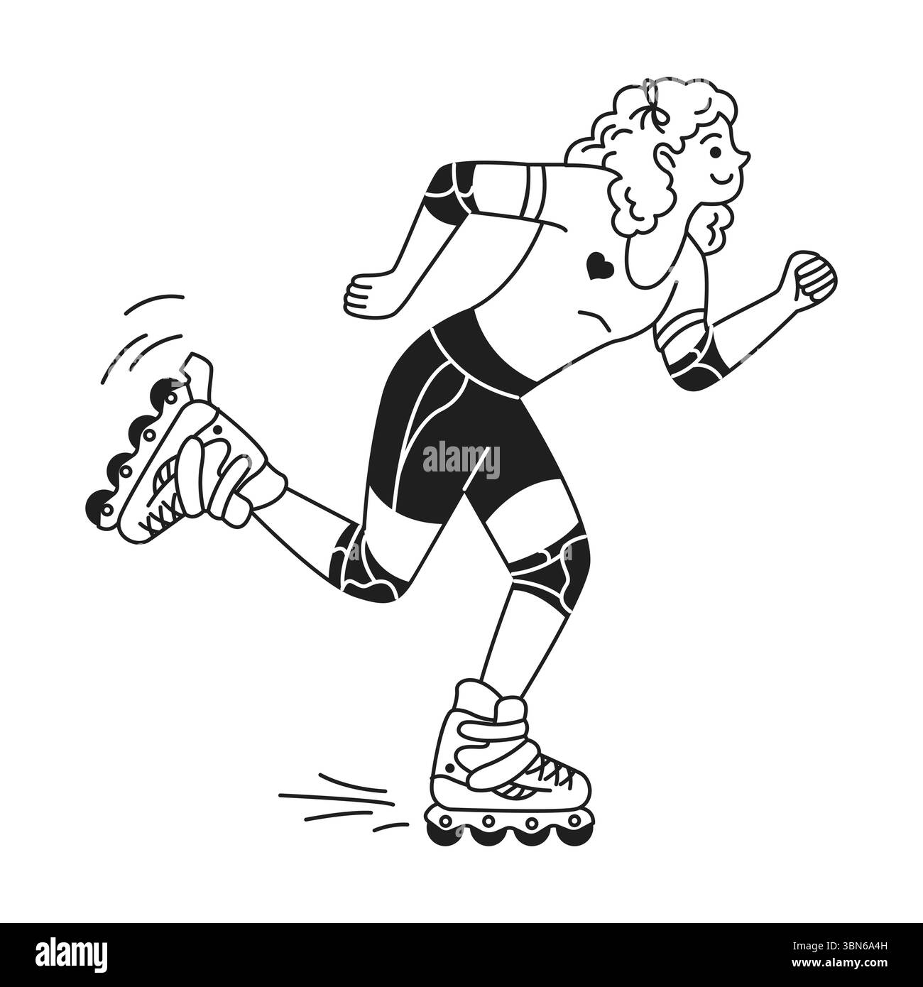 Illustrazione di una persona felice che pattina a rotelle. Indossando l'equipaggiamento di protezione, scivolano rapidamente sui pattini in linea. Lo stile bianco e nero rappresenta una dinamica Illustrazione Vettoriale
