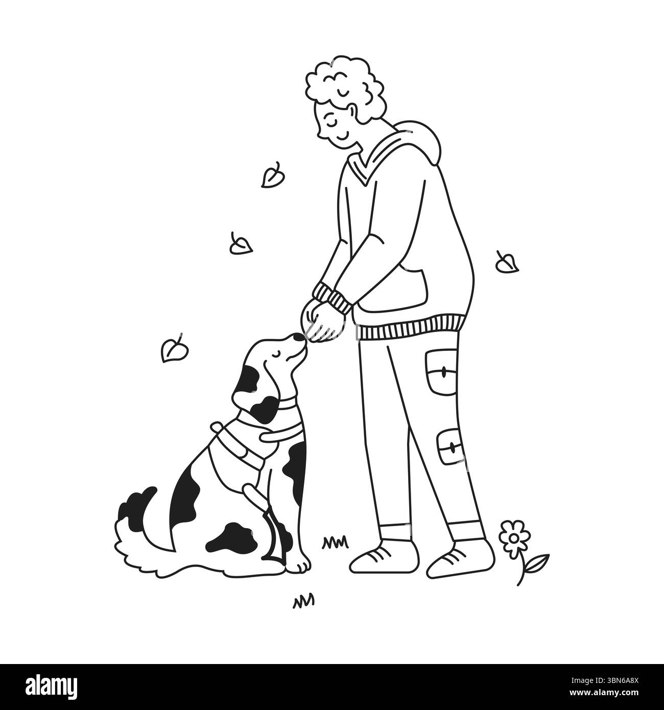 Illustrazione di una persona e di un cane che si godono un momento all'aperto. Felicità e compagnia raffigurate in bianco e nero. Foglie autunnali sparse Illustrazione Vettoriale