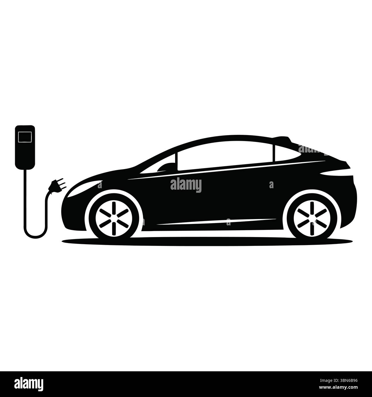 Semplice icona di ricarica per auto elettriche in bianco e nero. Un'illustrazione pulita e minimalista di un'auto elettrica collegata a una stazione di ricarica. Illustrazione Vettoriale