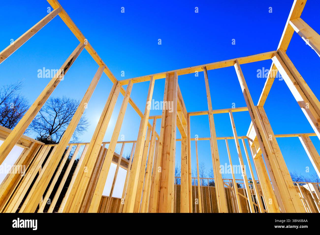 La struttura in travi di legno si erge durante la costruzione del giorno dei lavori, mostrando tecniche di costruzione moderne. Foto Stock