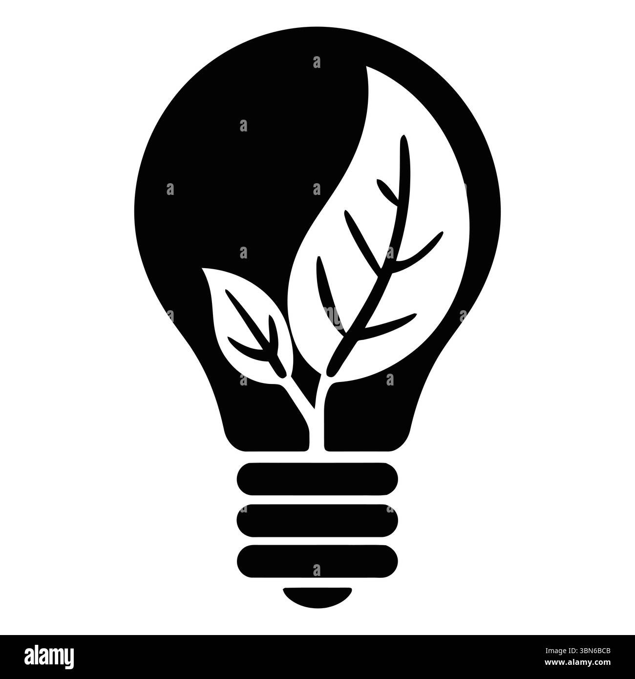 Icona di una lampadina ecocompatibile con piante in crescita. Questa semplice grafica vettoriale in bianco e nero raffigura una lampadina con foglie stilizzate che crescono dalla sua Illustrazione Vettoriale