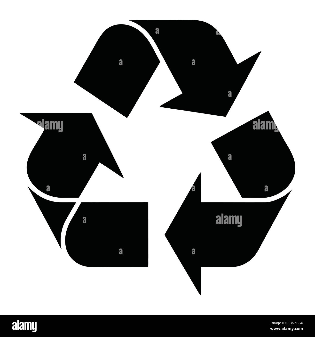 Semplice simbolo di riciclaggio nero su sfondo bianco. Simbolo di riciclaggio pulito e minimalista in nero su sfondo bianco semplice. Illustrazione Vettoriale