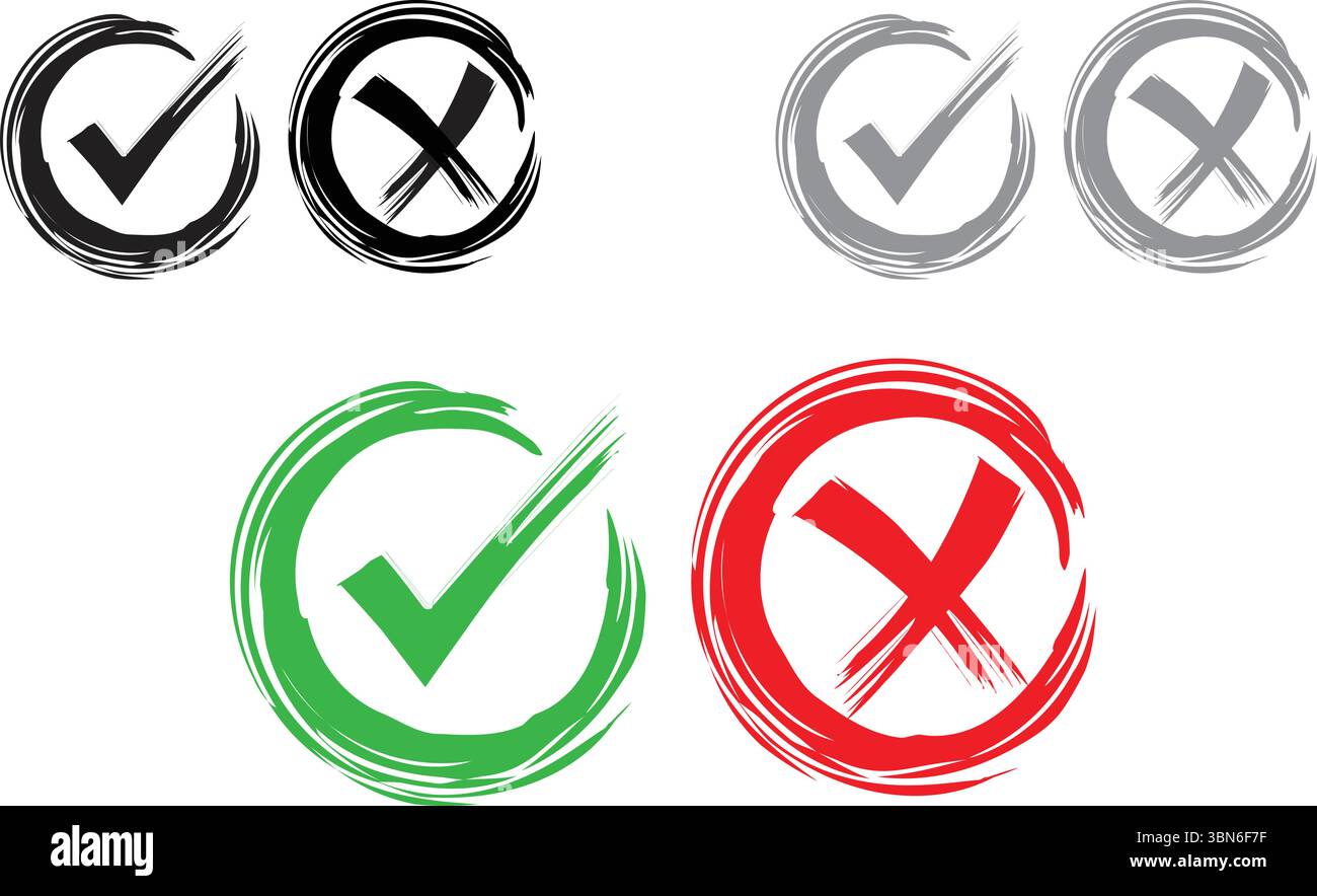 Set icone cerchio segno di spunta grungy e segno X incrociato Illustrazione Vettoriale