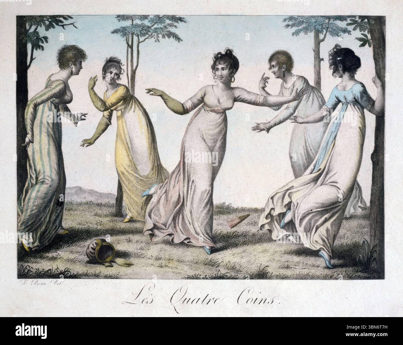 Incisione colorata di Jean Francesco Bosio (1764-1827). "Le Bon Genre numéro 14 : les quatre coins, 1803". Opere d'arte Four Corners, stampe antiche, abiti di moda per donne francesi all'inizio del XIX secolo Foto Stock