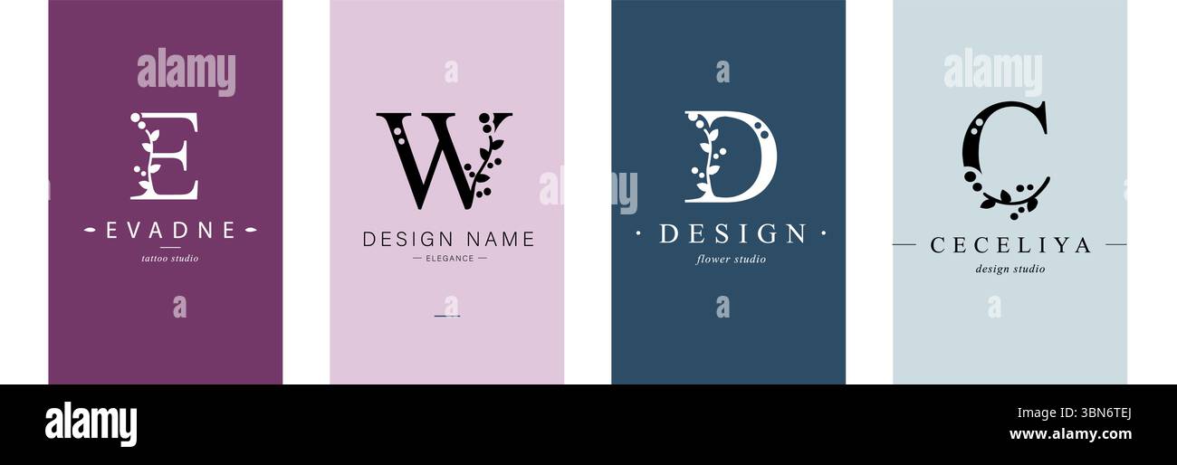 Logo e, W, lettera maiuscola D, C. monogramma di Botanical minimalistic, iniziale. Illustrazione Vettoriale