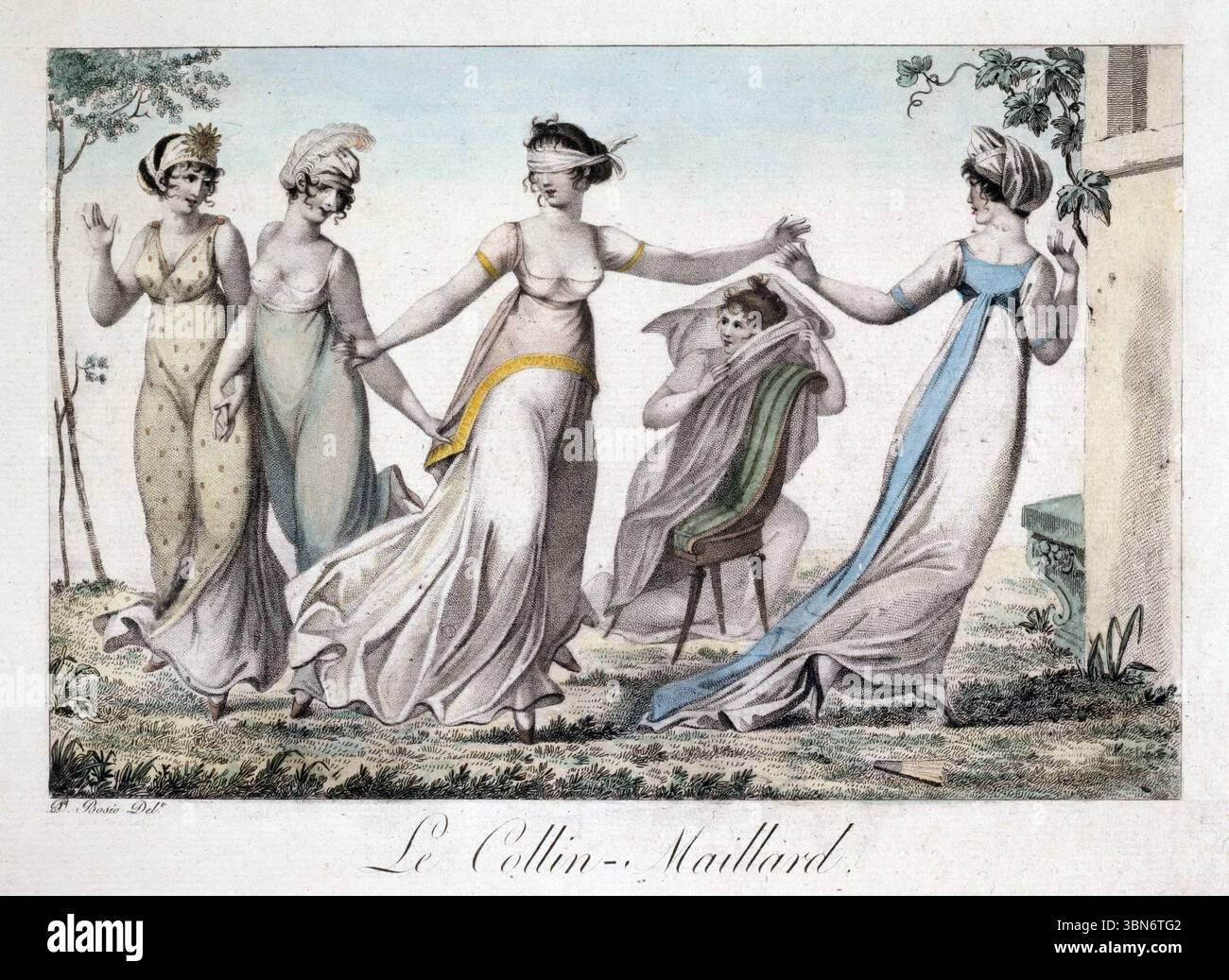 Jean Francois Bosio . "Le Bon Genre numéro 15 : le colin maillard, 1803". Opere d'arte stampe d'antiquariato stampe francesi abiti di moda delle donne all'inizio del XIX secolo Foto Stock