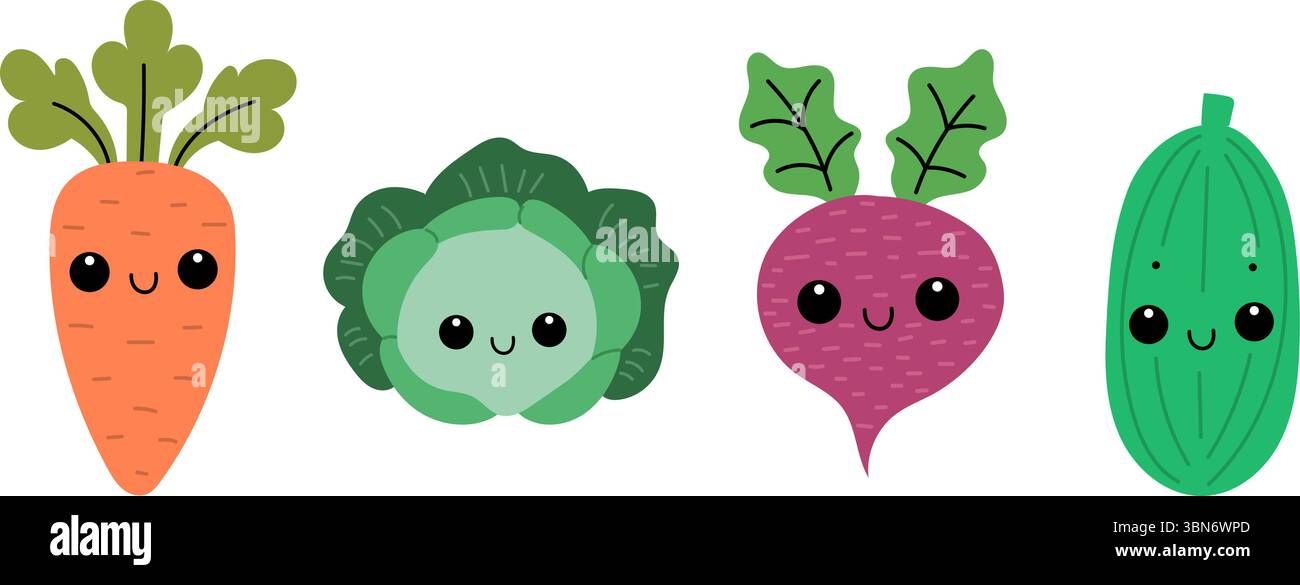 Set di verdure carine in stile kawaii. Verdure sorridenti. Illustrazione Vettoriale