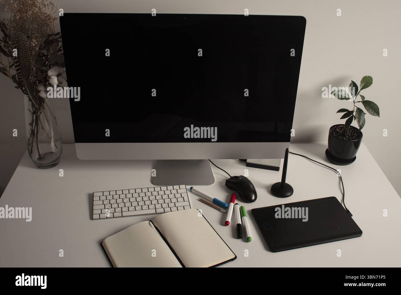 Spazio di lavoro minimalista per l'ufficio domestico con computer desktop, tastiera, notebook, tavoletta grafica, fiori secchi e una pianta su una scrivania bianca pulita. Lavora a casa Foto Stock