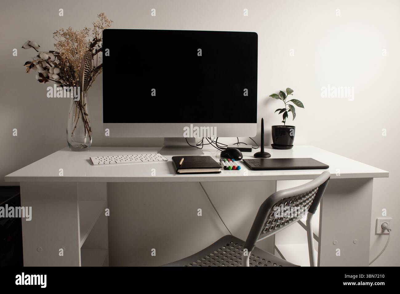 Spazio di lavoro minimalista per l'ufficio domestico con computer desktop, tastiera, notebook, tavoletta grafica, fiori secchi e una pianta su una scrivania bianca pulita. Lavora a casa Foto Stock