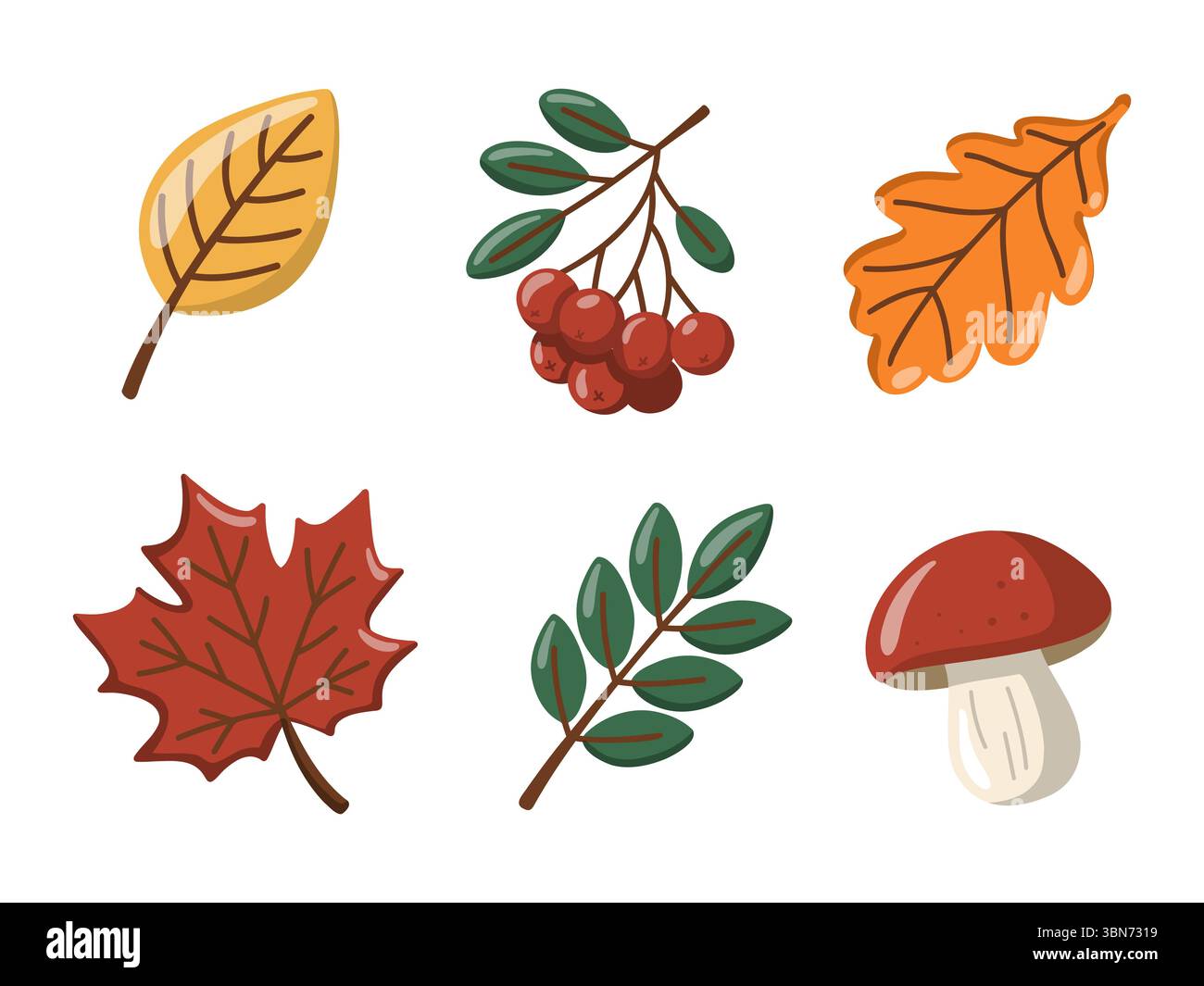 Parco naturale autunnale con foglie autunnali colorate, frutti di bosco e funghi. Illustrazione isolata del vettore cartoni animati Illustrazione Vettoriale