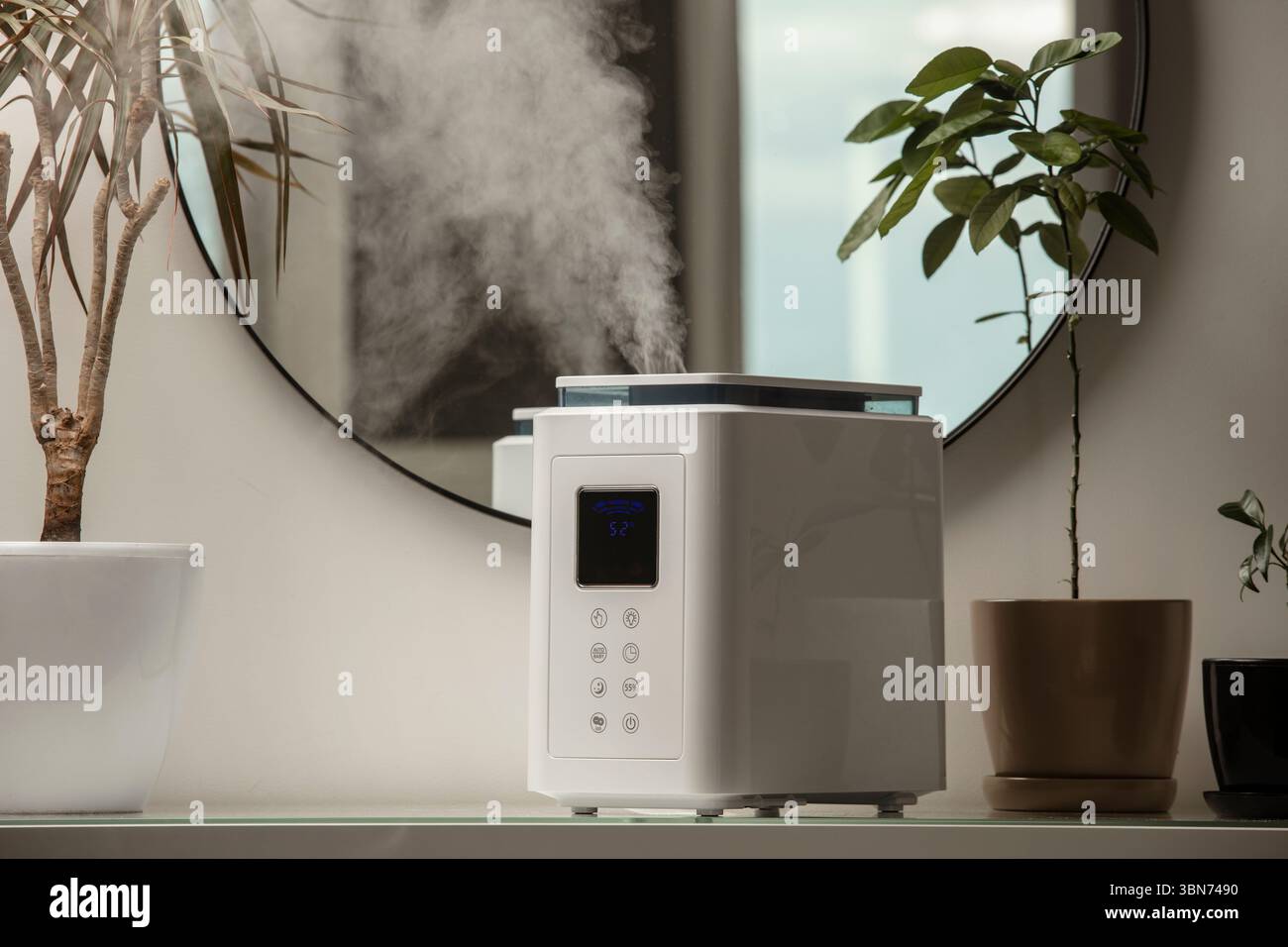 Diffusore di olio aromatico sul tavolo a casa, vapore dall'umidificatore d'aria, pianta domestica sullo sfondo. Tecnologia a ultrasuoni, aumento dell'umidità dell'aria. Foto Stock