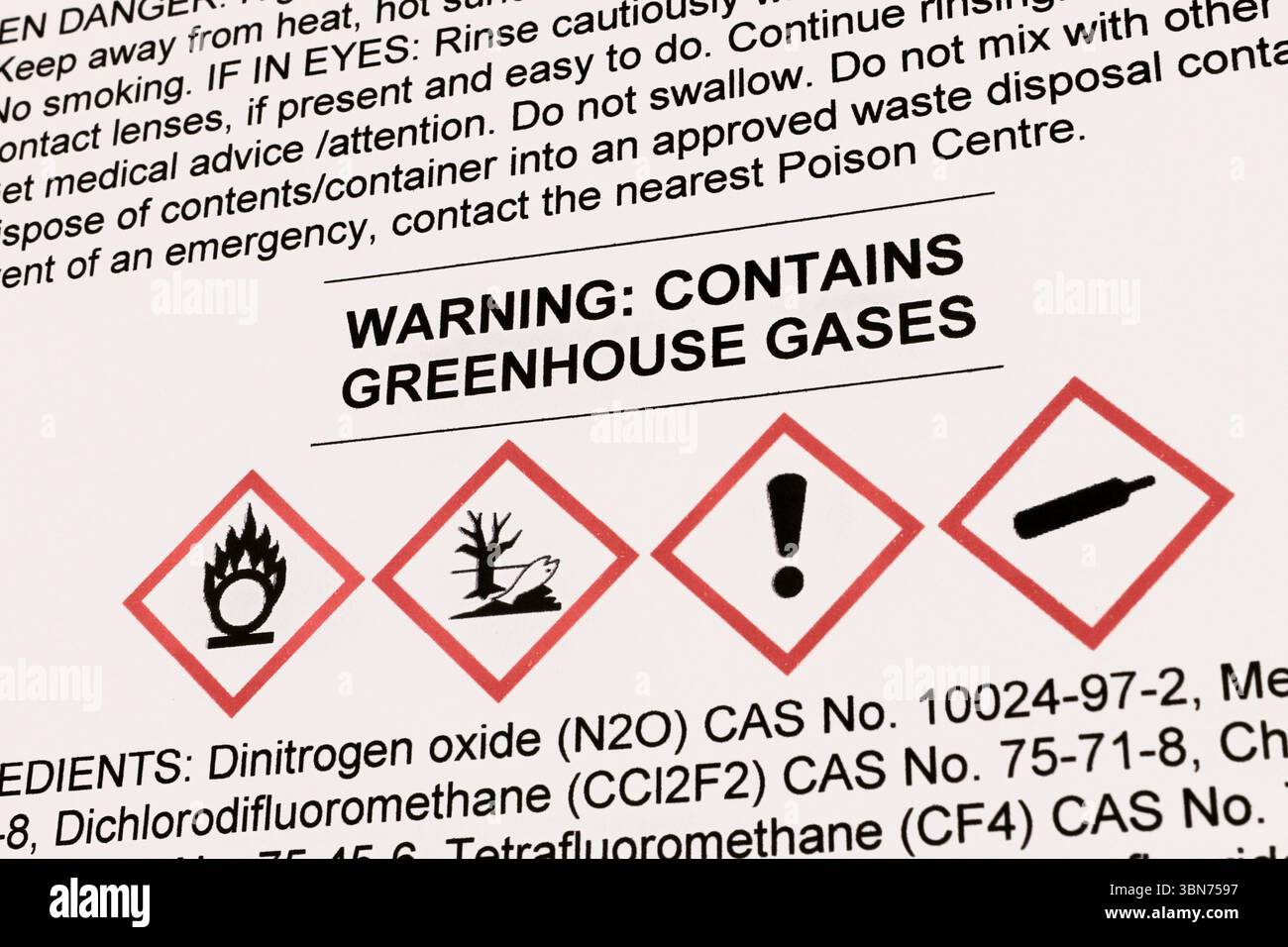 L'etichetta di avvertenza segnala le potenti emissioni di gas a effetto serra, sottolineando la minaccia ambientale derivante dagli inquinanti climatici industriali Foto Stock