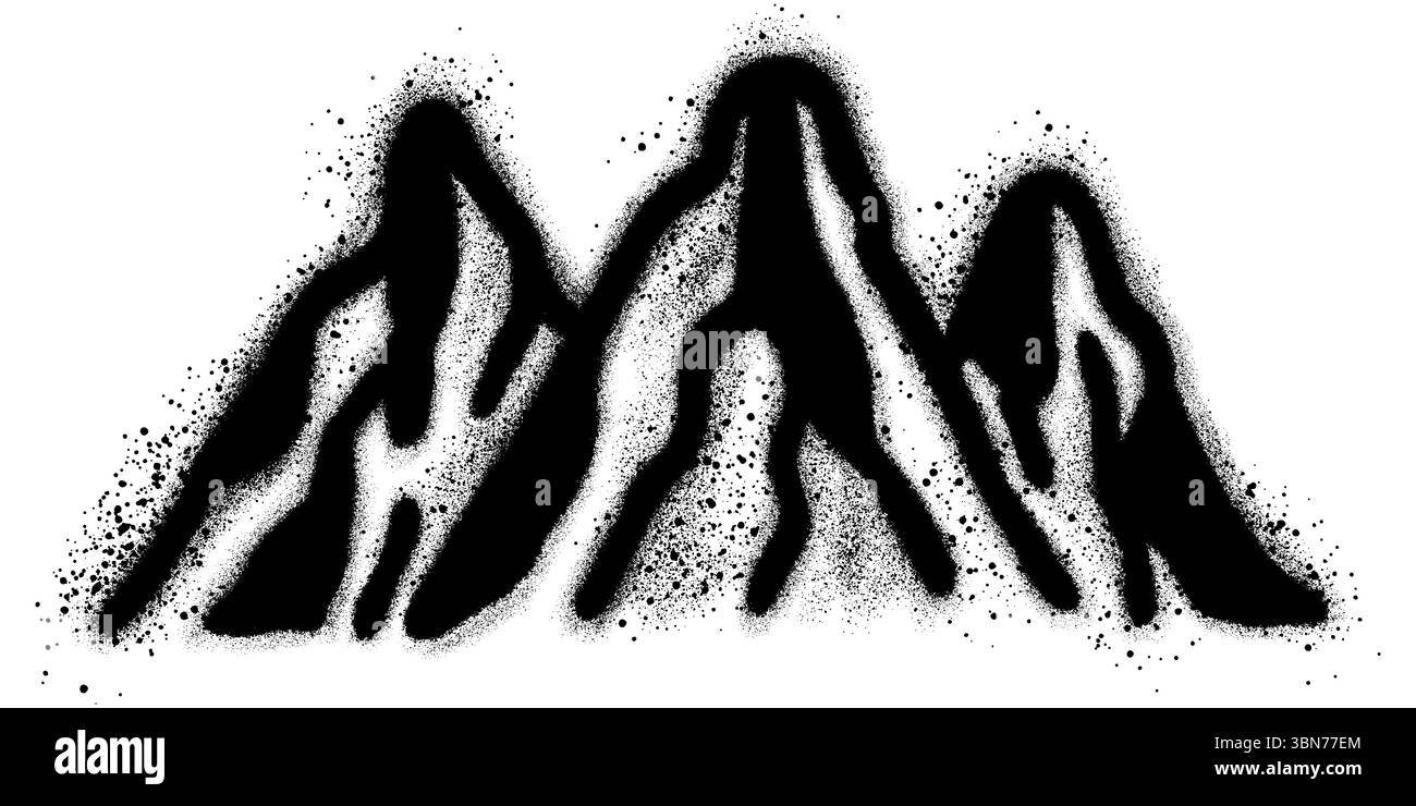 Graffiti di montagna con vernice spray nera. Picchi di grunge. Tratti di pennello in difficoltà. Paesaggio montano. Illustrazione Vettoriale