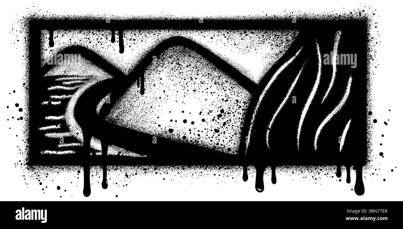 Graffiti di montagna con vernice spray nera. Picchi di grunge. Tratti di pennello in difficoltà. Paesaggio montano. Illustrazione Vettoriale