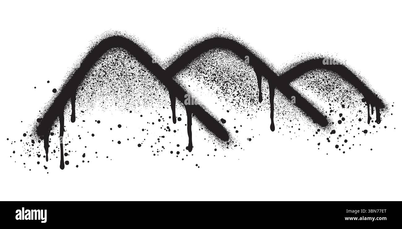 Graffiti di montagna con vernice spray nera. Picchi di grunge. Tratti di pennello in difficoltà. Paesaggio montano. Illustrazione Vettoriale