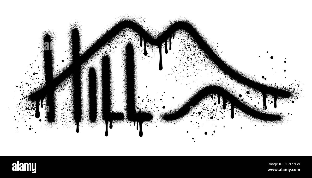 Graffiti di montagna con vernice spray nera. Picchi di grunge. Tratti di pennello in difficoltà. Paesaggio montano. Illustrazione Vettoriale