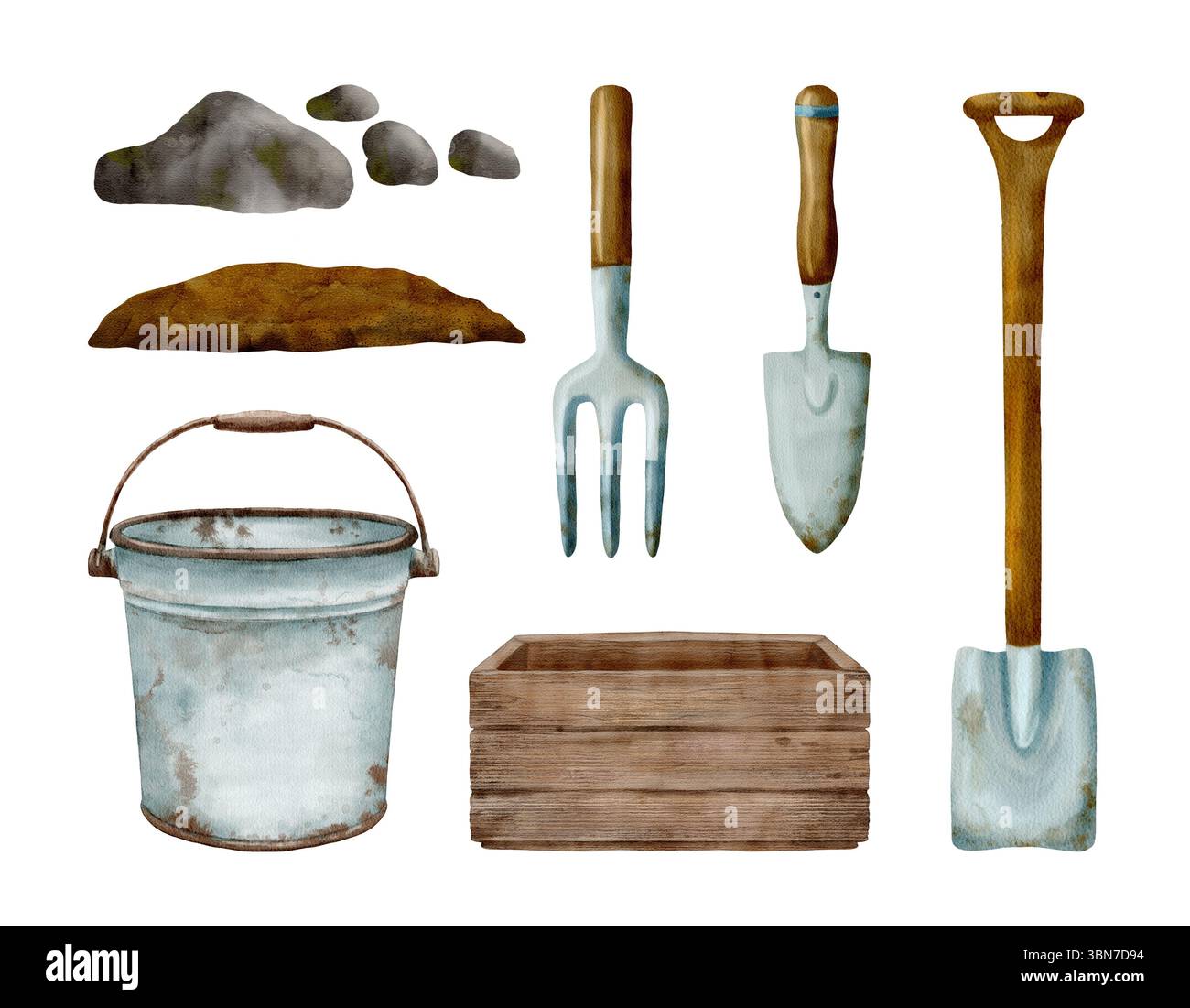 Scopri gli strumenti e gli accessori essenziali per il giardinaggio che miglioreranno i tuoi progetti e le tue attività all'aperto. Set di clip art ad acquerello disegnate a mano isolate su sfondo bianco. Foto Stock