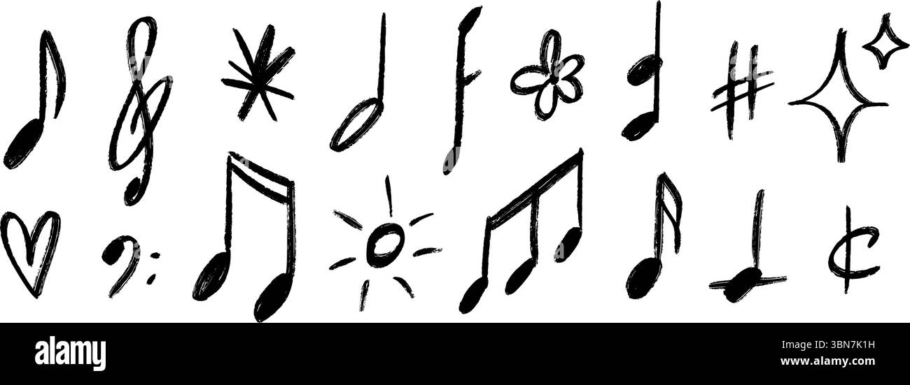 Set di note musicali e simboli disegnati a mano. Collezione di insegne musicali con gesso-doodle. Spazzola al carbone per scarabocchiare elementi musicali, sole, cuore, pacchetto stellare. Tasti musicali con disegno a trama pastello e pacchetto clefs. Vettore Illustrazione Vettoriale