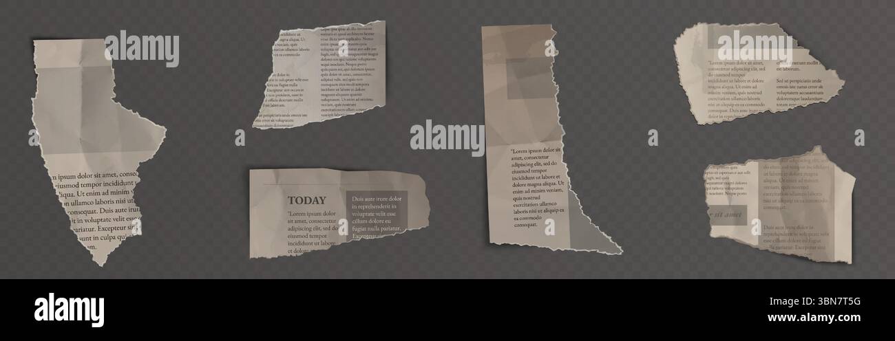 Frammenti di giornali strappati, frammenti di carta strappati con testo. Notizie schiacciate che ritagliano pezzi, vecchi resti di pagine distrutte. Fogli danneggiati dal libro o dal diario. Collage grunge o elemento di design scrapbooking. Illustrazione Vettoriale