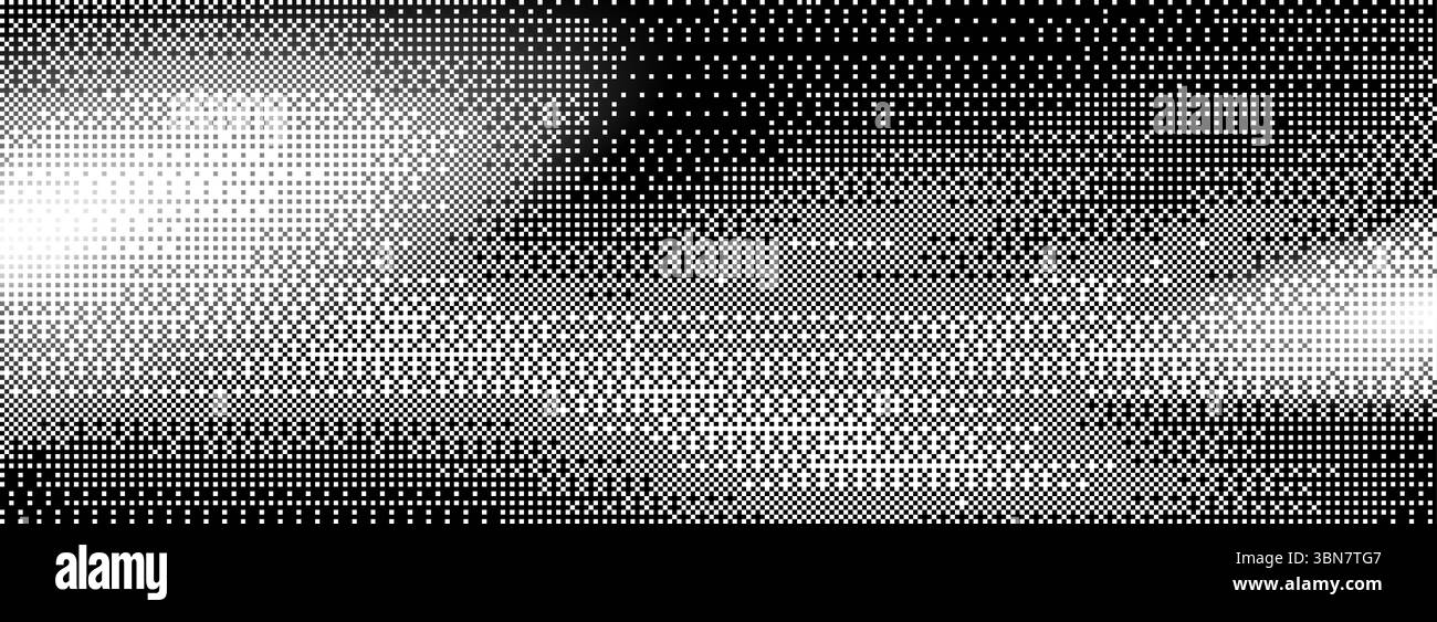 Sfondo sfumato pixel art per un design di gioco rétro: Transizione da nero a bianco con motivo tratteggiato. Texture classica a 8 bit per interfaccia di gioco vintage o progetti di grafica digitale. Illustrazione Vettoriale