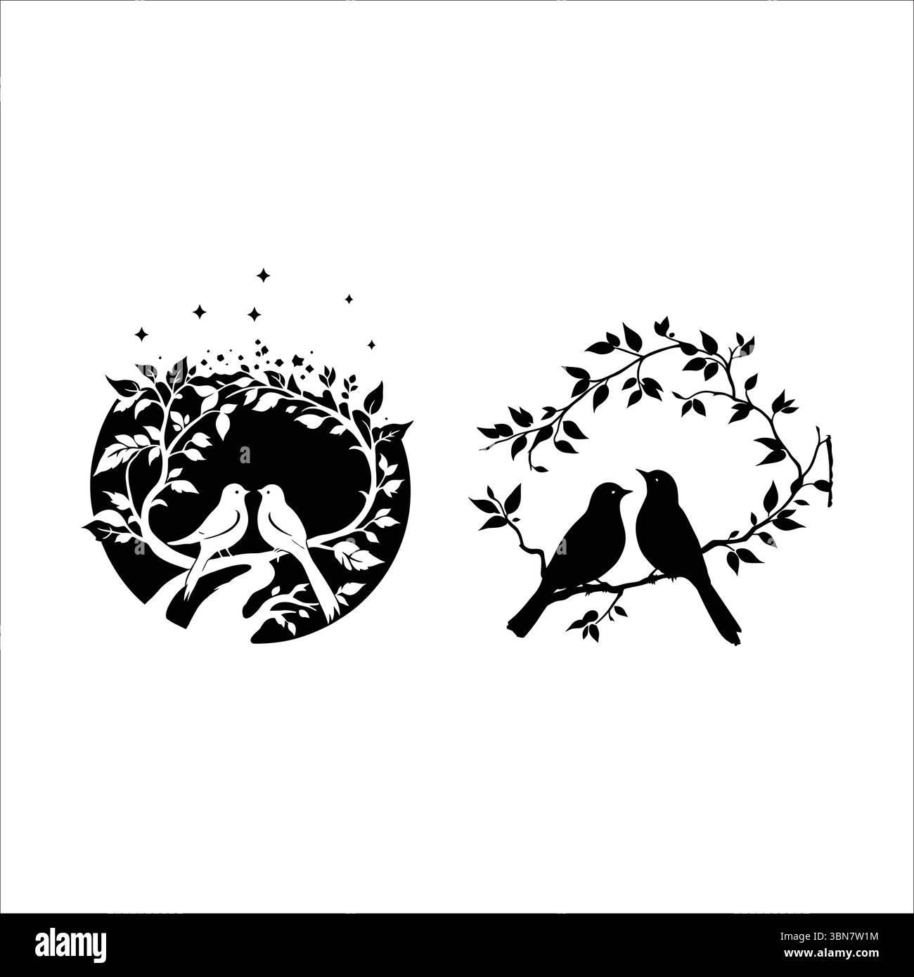 Set vettoriale con silhouette Bird on Branch - cornici circolari e ovali con uccelli e foglie tranquille in bianco e nero Illustrazione Vettoriale
