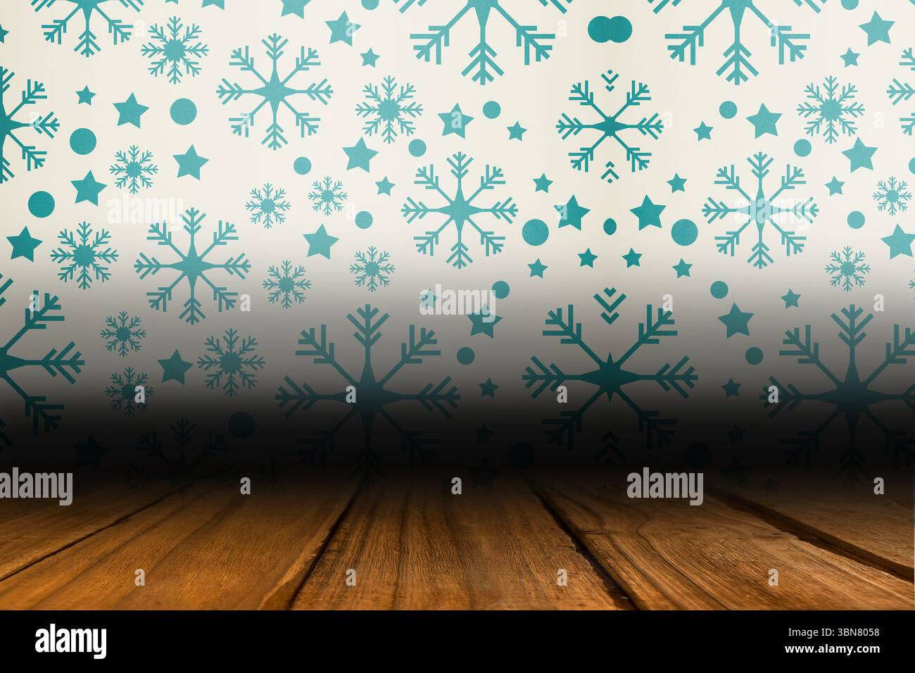 Carta da parati con fiocchi di neve sulle tavole del pavimento Foto Stock
