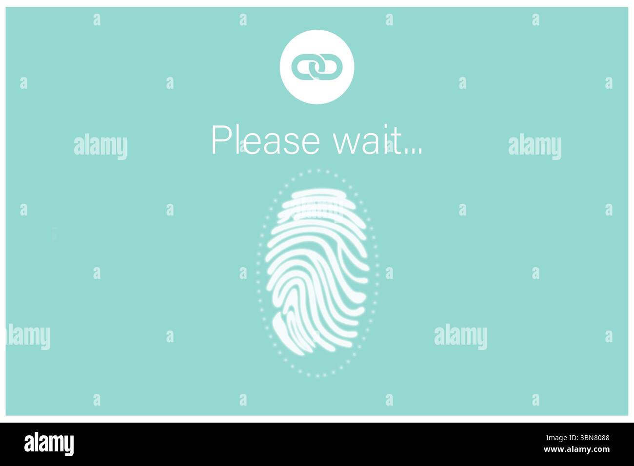 Interfaccia utente piatta color verde acqua che visualizza la schermata di caricamento con l'icona del collegamento a catena, scansione delle impronte digitali in corso Foto Stock