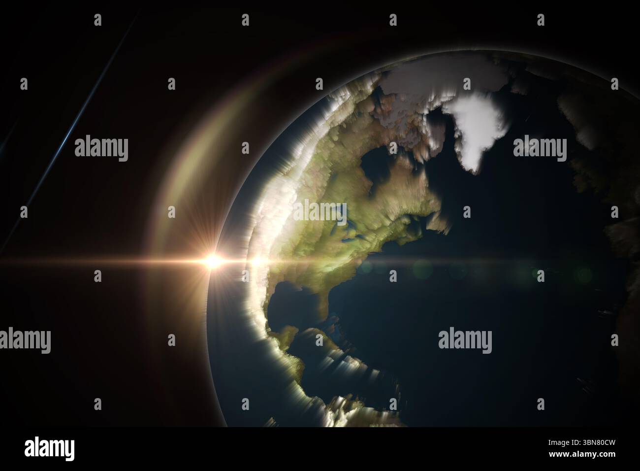 La Terra che emerge nello spazio con rendering 3D, caratterizzato da nuvole, bagliore atmosferico e striature di luce solare Foto Stock