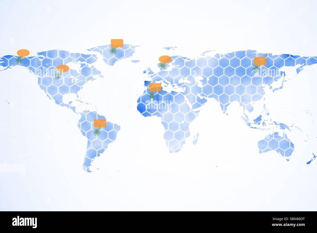Il design piatto della mappa del mondo stilizzato mostra una sovrapposizione di griglia esadecimale blu con marcatori arancioni e spazio di copia Foto Stock