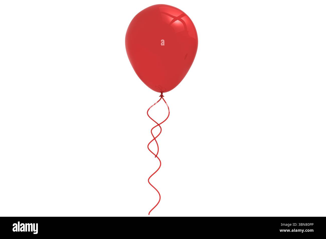 Il palloncino rosso in lattice lucido galleggia su uno sfondo bianco senza cuciture, il nastro rosso è arricciato e presenta un design piatto Foto Stock