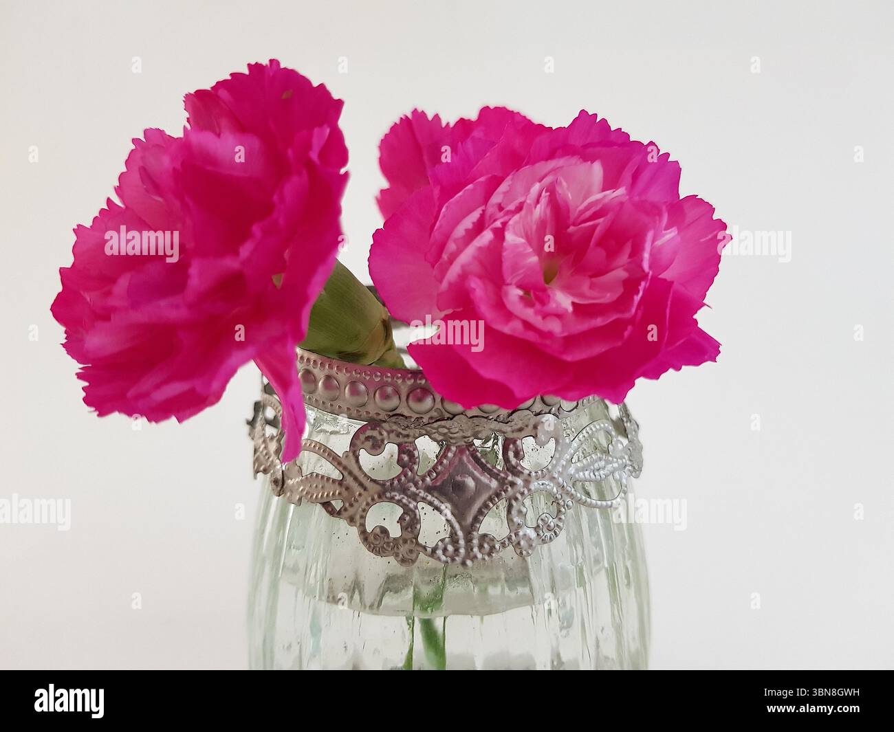 Un vaso decorativo in vetro con un'esposizione di fiori estivi colorati su sfondo bianco. Foto Stock