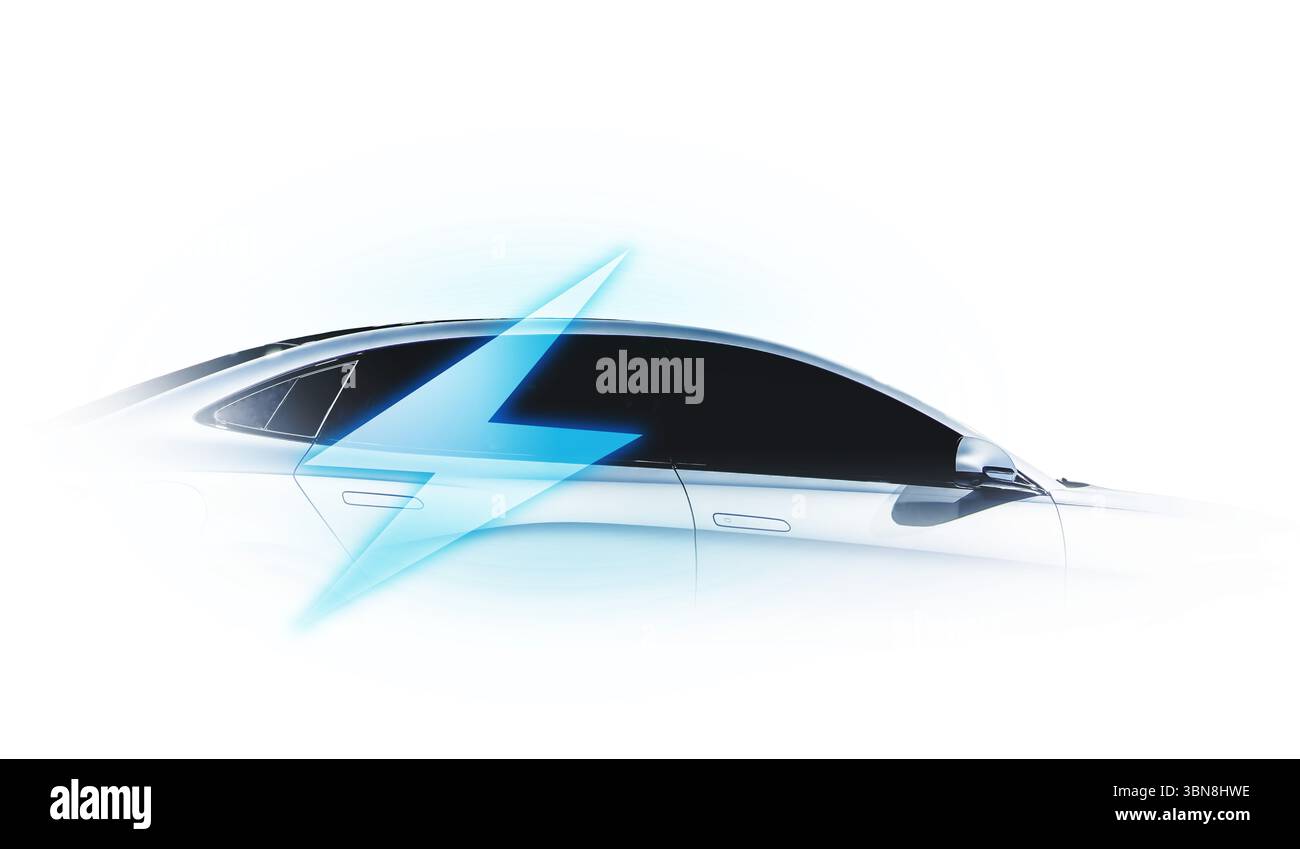 Concetto di cavo di alimentazione pompa collegare l'alimentazione di carica all'auto elettrica EV con icona Save the World. Foto Stock