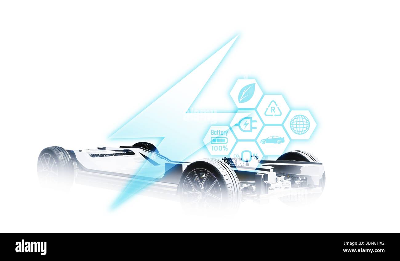 Concetto di cavo di alimentazione pompa collegare l'alimentazione di carica all'auto elettrica EV con icona Save the World. Foto Stock