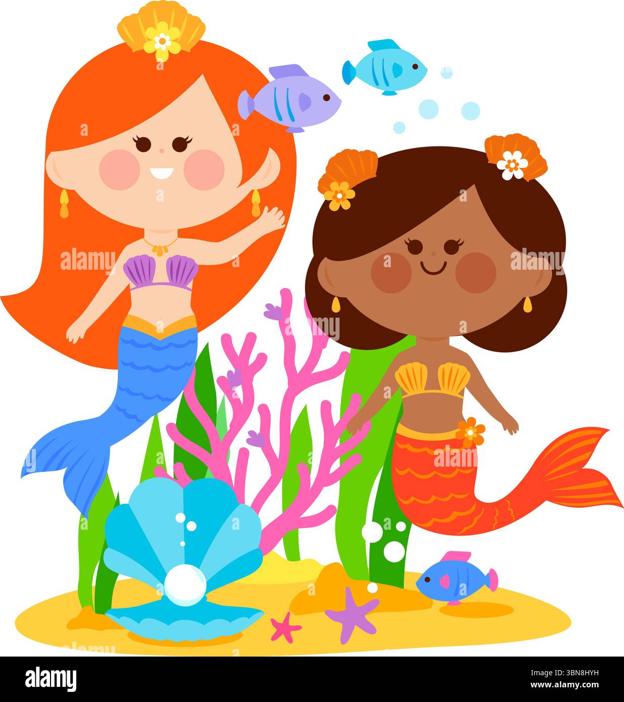 Tema mare e oceano con sirene, conchiglia, pesci, stelle marine e coralli. Belle sirene sotto il mare. Barriera corallina, vita sottomarina. Illustrazione Vettoriale