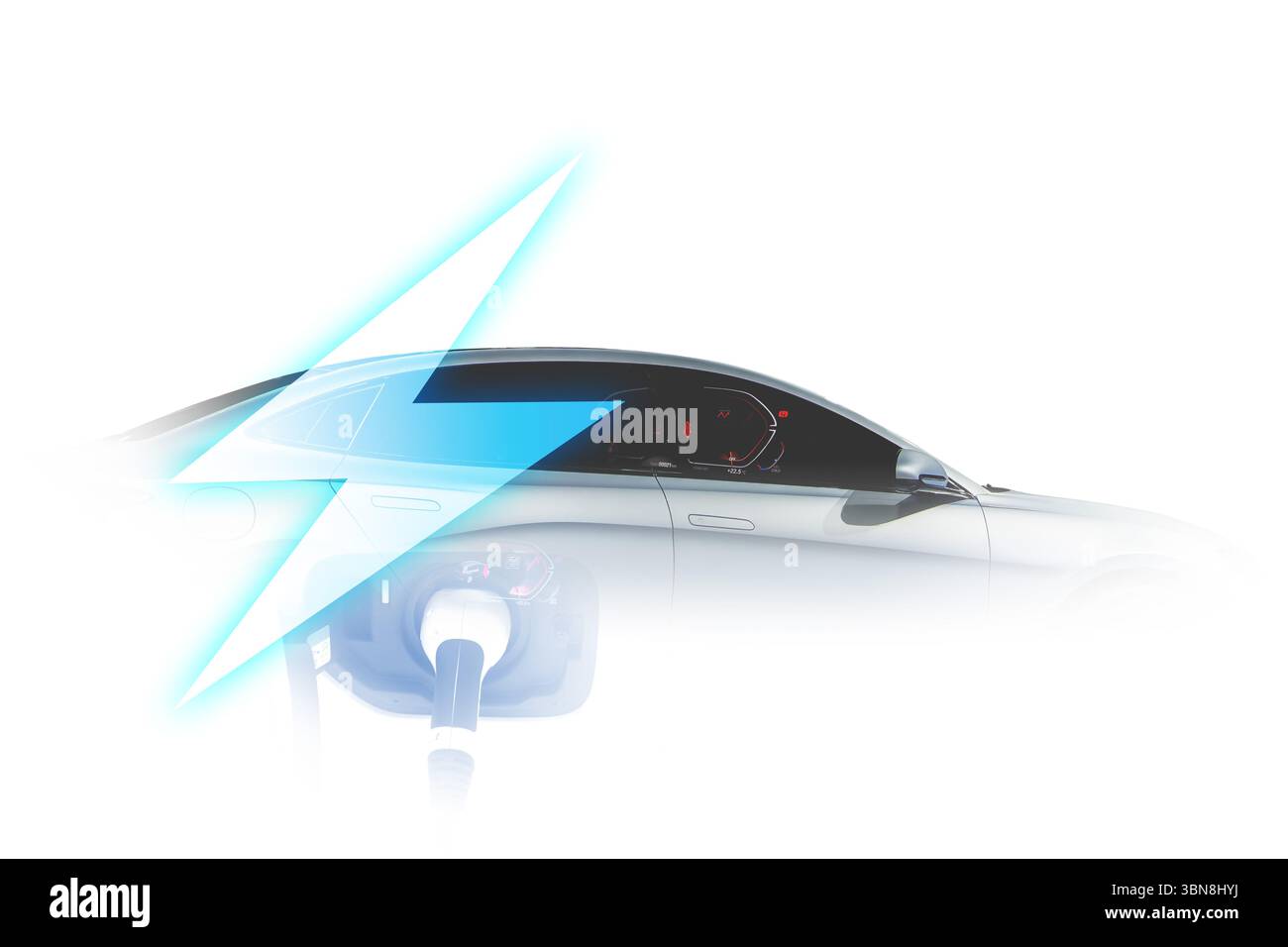 Il cavo di alimentazione della pompa collega l'alimentazione di carica alla vettura EV del veicolo elettrico. Foto Stock