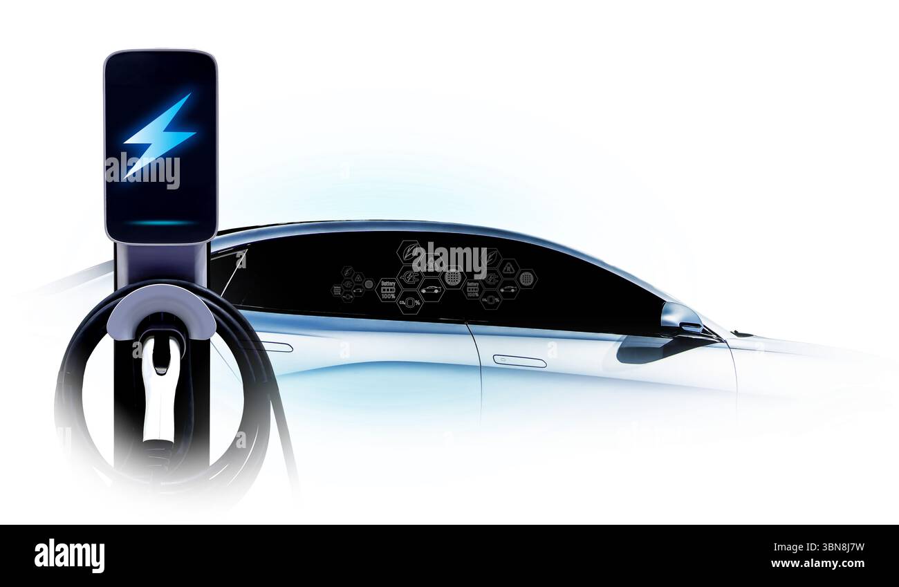 Concetto di cavo di alimentazione pompa collegare l'alimentazione di carica all'auto elettrica EV con icona Save the World. Foto Stock
