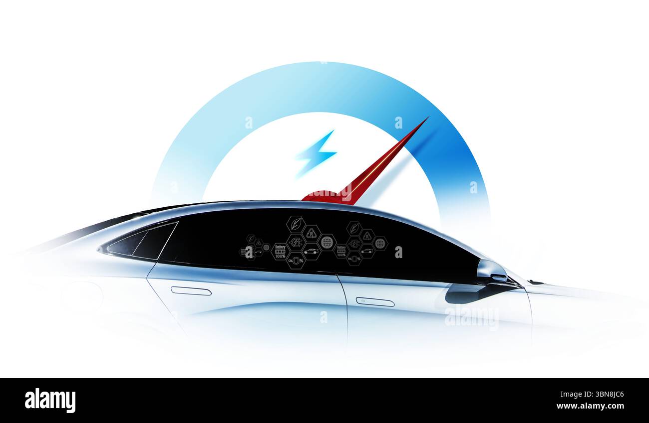 Concetto di cavo di alimentazione pompa collegare l'alimentazione di carica all'auto elettrica EV con icona Save the World. Foto Stock