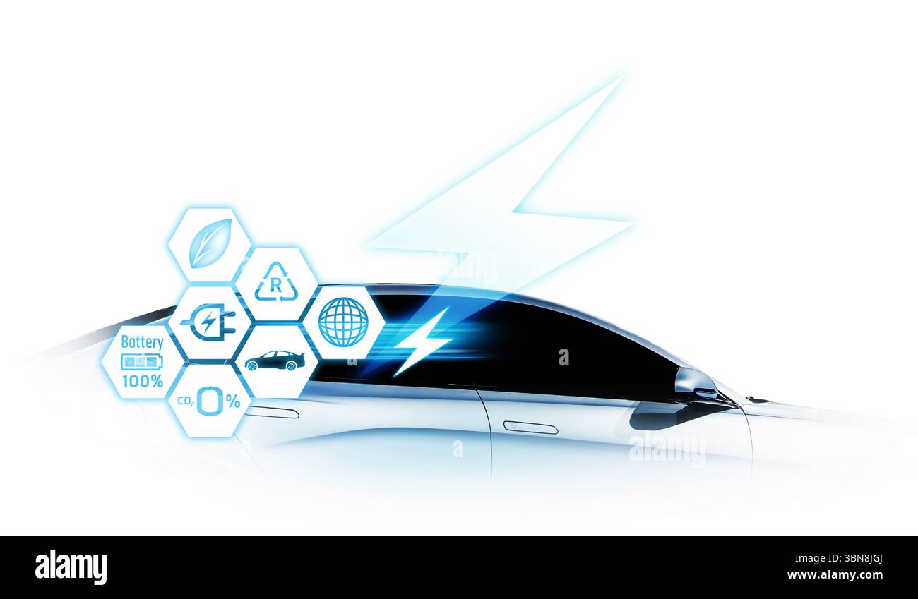 Concetto di cavo di alimentazione pompa collegare l'alimentazione di carica all'auto elettrica EV con icona Save the World. Foto Stock