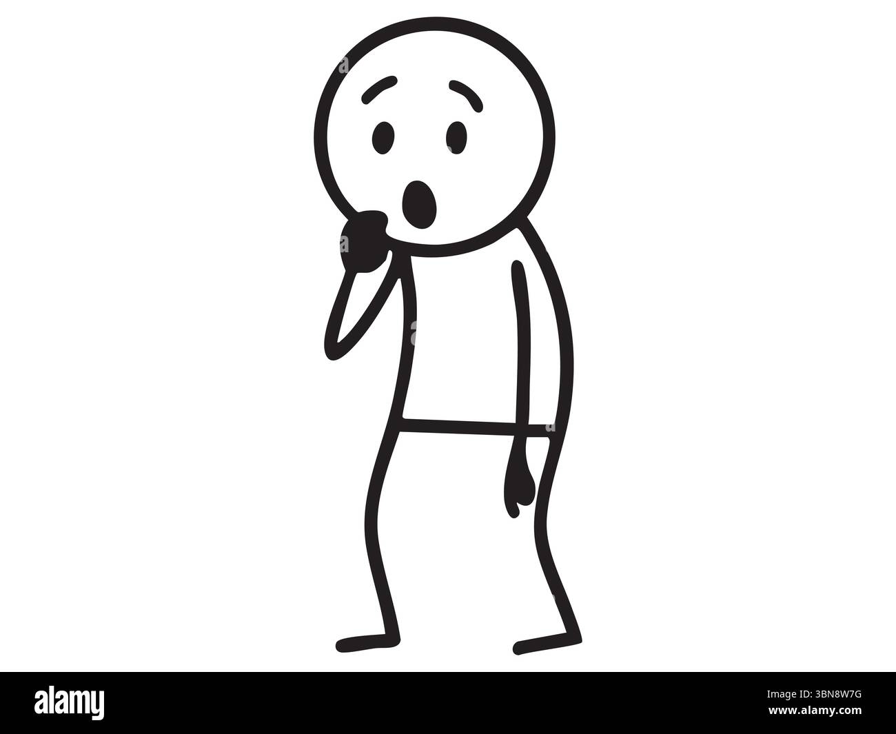 Figura nera con espressione facciale sorpresa, isolata su sfondo bianco. Concetto di emozione, personaggio dei cartoni animati, reazione d'urto, pe umano Illustrazione Vettoriale