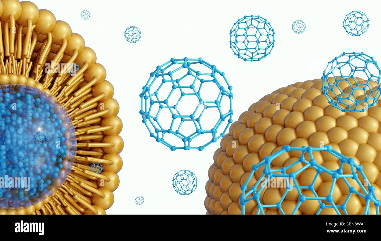 rendering 3d dell'interazione o dell'incapsulamento dei fullereni all'interno dei liposomi, applicazioni in nanotecnologia, somministrazione di farmaci o scienza dei materiali Foto Stock